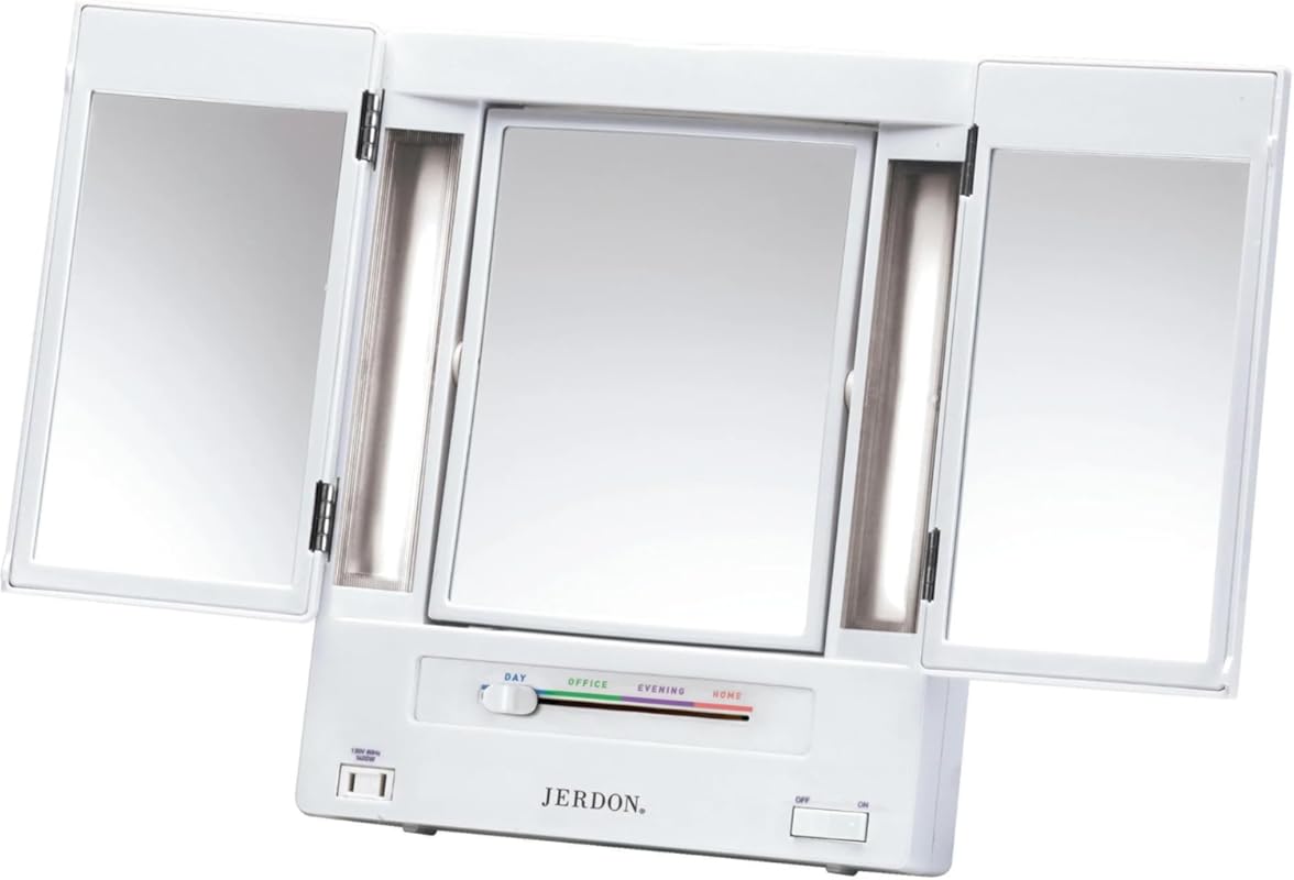 JERDON Tri-Fold Two-Sided Lighted Makeup Mirror 5X Magnification Multi