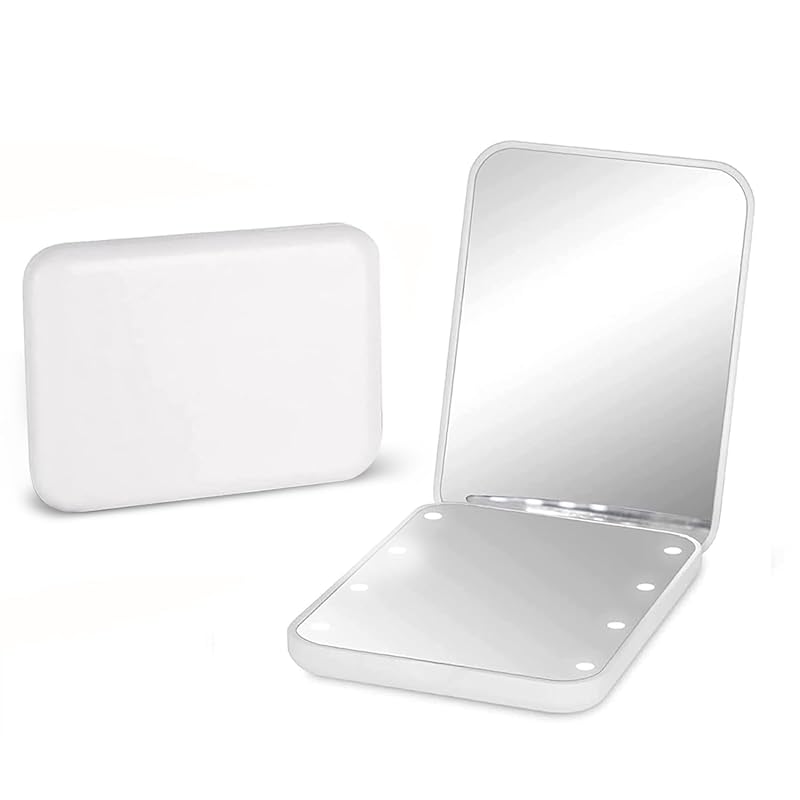 White 2-Sided LED Travel Makeup Mirror with 1X/3X Magnification, Foldi