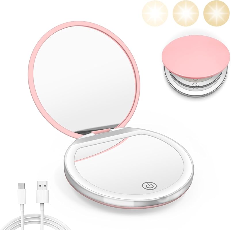 Pink LED Pocket Mirror with 1X/3X Magnification, USB Rechargeable, Com