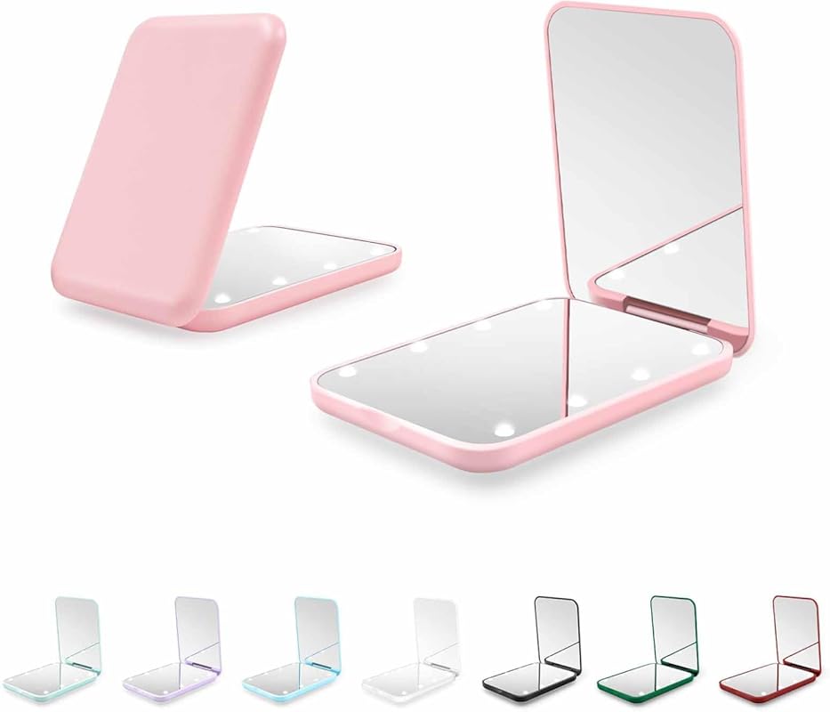 Pink Compact LED Pocket Mirror with 1X/3X Magnification, Rechargeable 