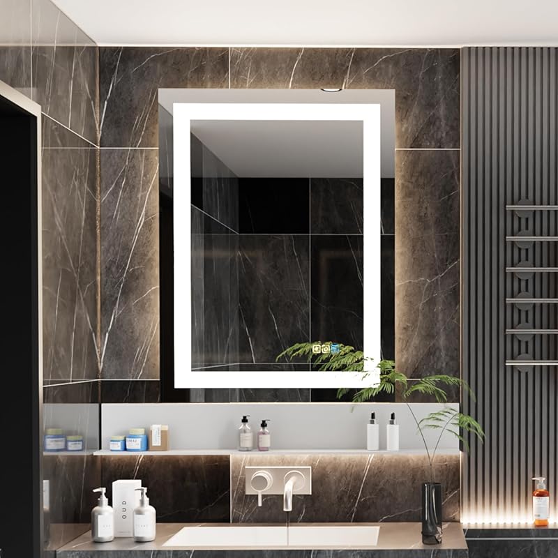 Smart LED Bathroom Mirror with Anti-Fog, 3-Color Dimmable Lights, Temp