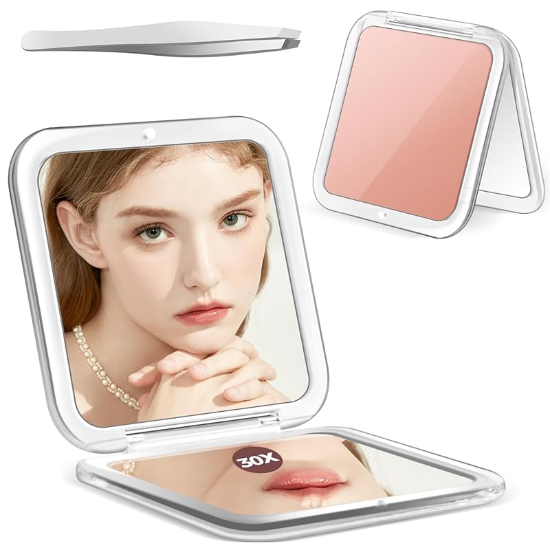30X/1X Magnifying Pocket Mirror with Precision Tweezers, Travel Makeup