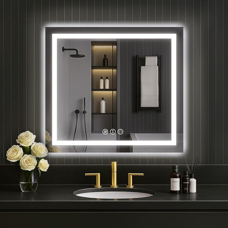 LOAAO 30x30 LED Bathroom Mirror with Lights Anti-Fog Dimmable Memory F