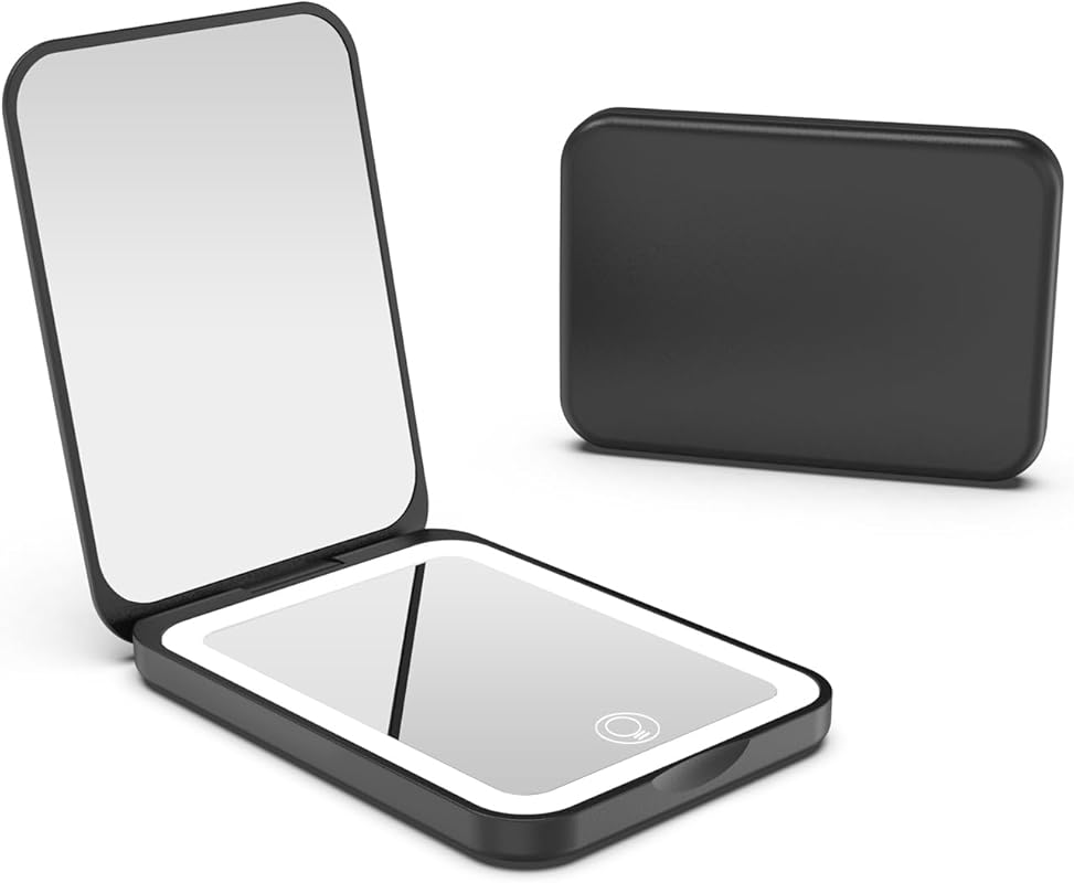 Black Rechargeable LED Travel Makeup Mirror with 3-Color Dimmable Ligh