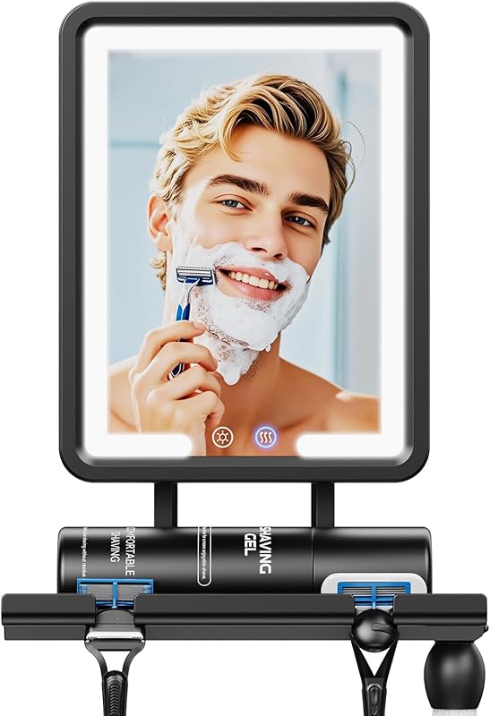 Heated Fogless Shower Mirror with 3-Color Dimmable Lights, Razor Holde