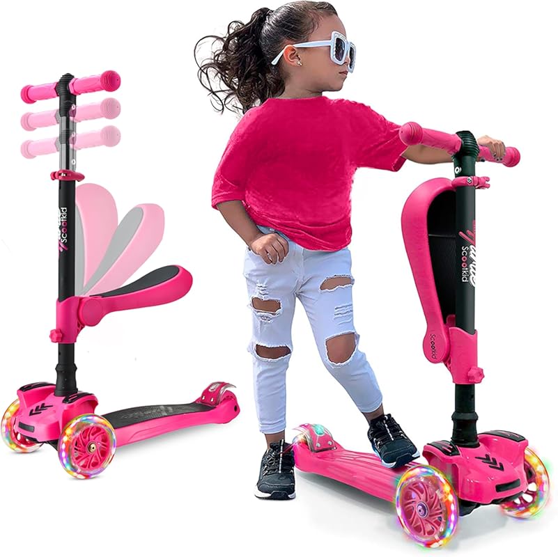 Hurtle 3-Wheeled Kids Scooter with LED Lights, Adjustable Lean-to-Stee