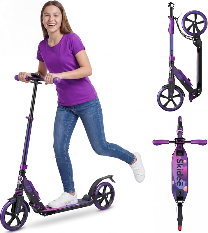 Skidee Adjustable Folding Scooter with Large Wheels, Anti-Shock Suspension, Up to 220 lbs