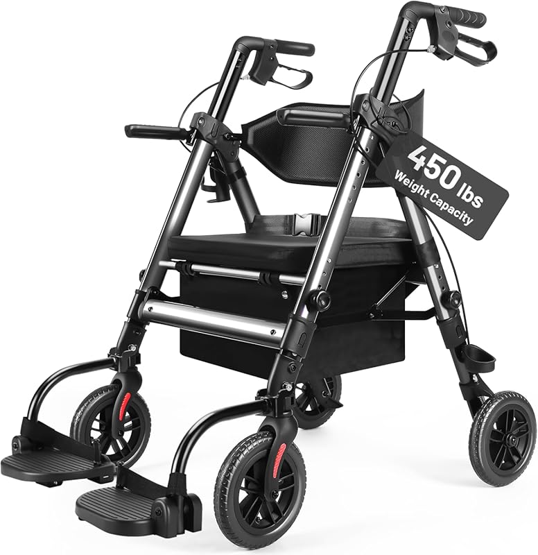 Heavy Duty All-Terrain Rollator Walker Wheelchair Combo, 450lb Capacit