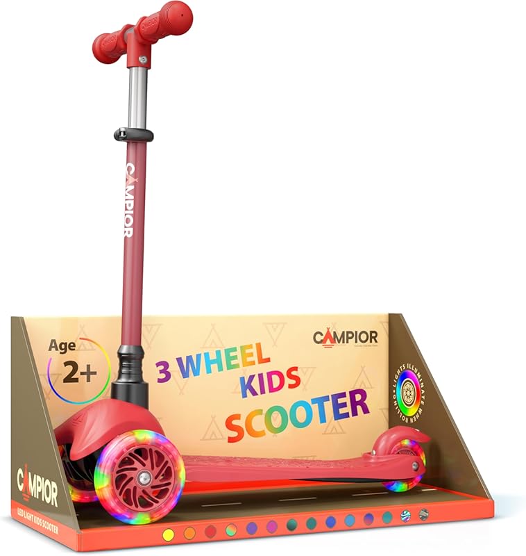 Red Mini Kids Scooter with LED Light-Up Wheels, Lean-to-Steer Design, 