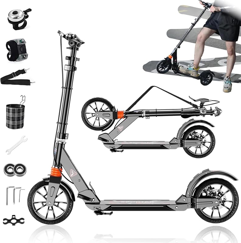 Pro Foldable Kick Scooter for Ages 8+ with Dual Brakes, Shock Absorpti