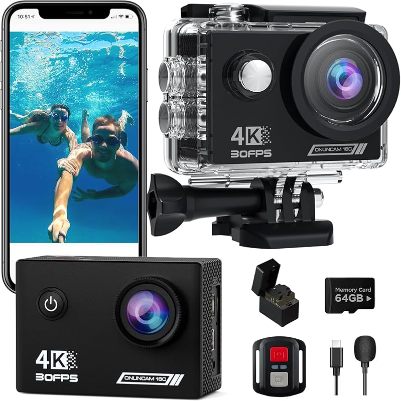 4K 30fps Waterproof Action Camera with 64GB Card, 20MP Underwater Spor